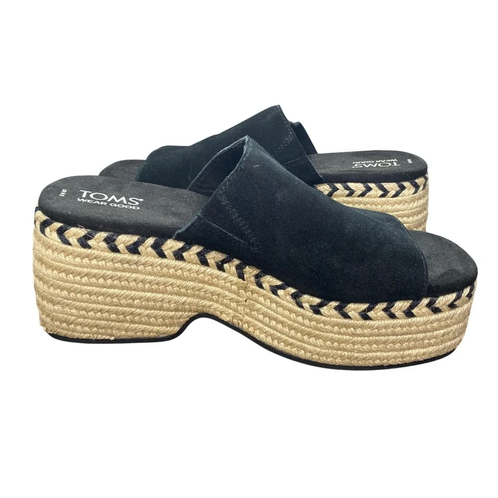 TOMS Black Suede Espadrille Platform Slide Sandals Women US 8 Chevron‎ Trim